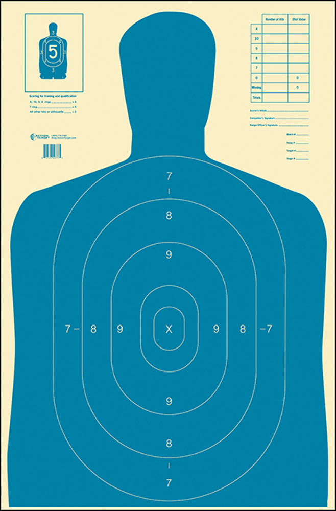 Action Target B-27E Qualification Economy Silhouette Paper Hanging Target 23" x 35" Blue/White 100 Per Box