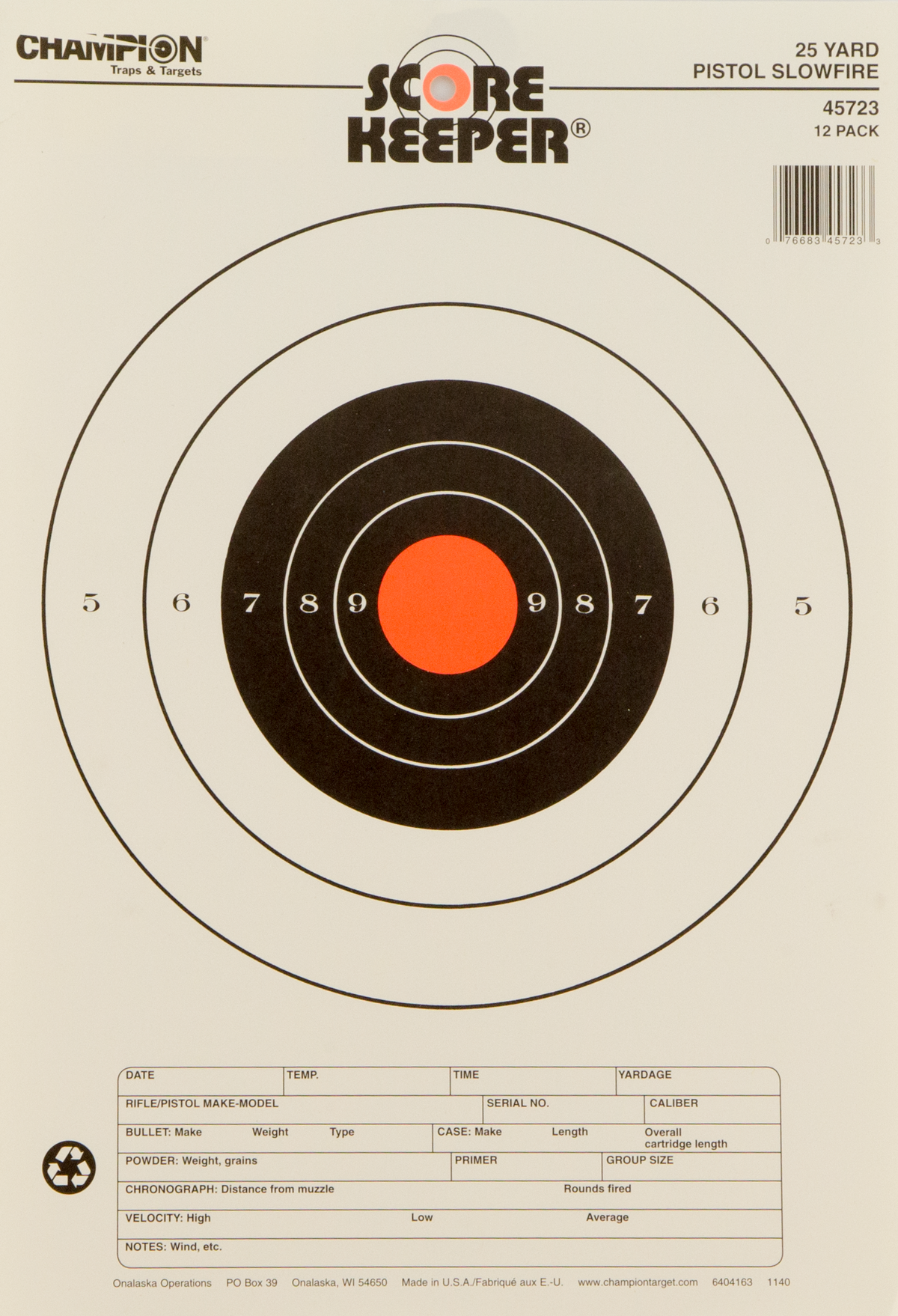 Champion Targets Score Keeper Slow Fire 25 yd Pistol 11" x 16" Hanging Paper Target 12 Pack