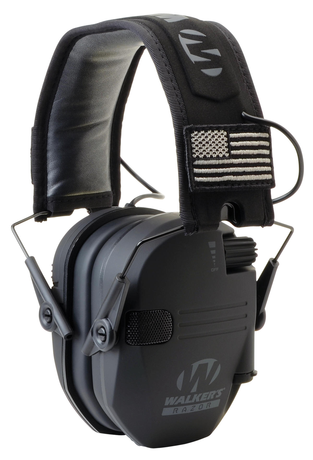 Walkers Game Ear Razor Patriot Slim Electronic Muff 23 dB Over the Head Black w/Flag Patch