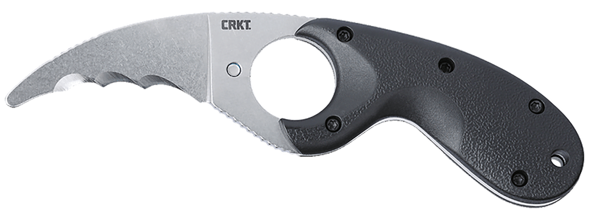 Columbia River Bear Claw 2.39" Fixed Hawkbill Veff Serrated Stonewashed AUS-8A SS Blade Black GRN Handle