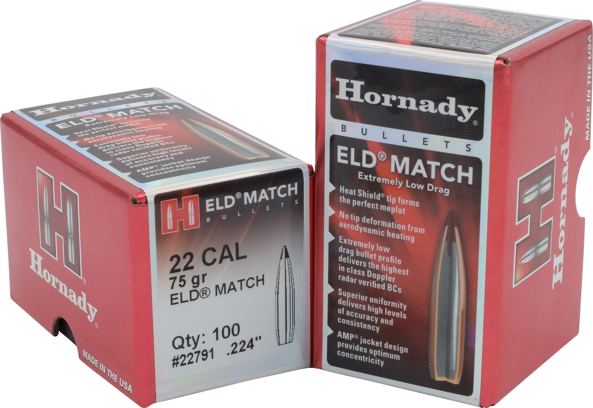 Hornady ELD Match .22 Cal .224 75 gr Polymer Tip Reloading Bullets - 100/Box