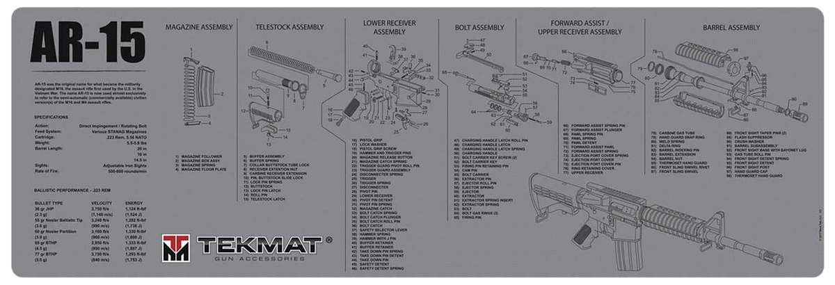 TekMat AR-15 Cleaning Mat Gray Rubber 12x36 Parts Diagram