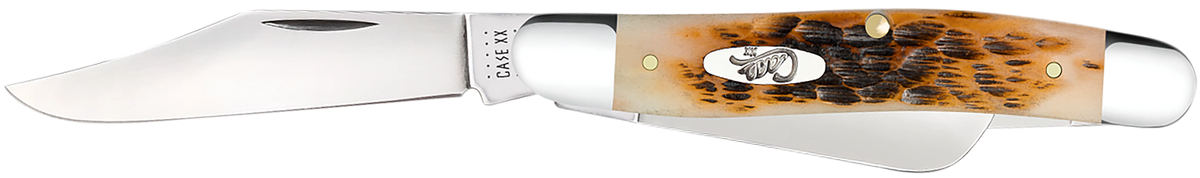 Case 00128 Stockman Medium 2.92"/2.15"/1.90" 3-Blade Folding Knife - Peach Seed Jigged Amber Bone