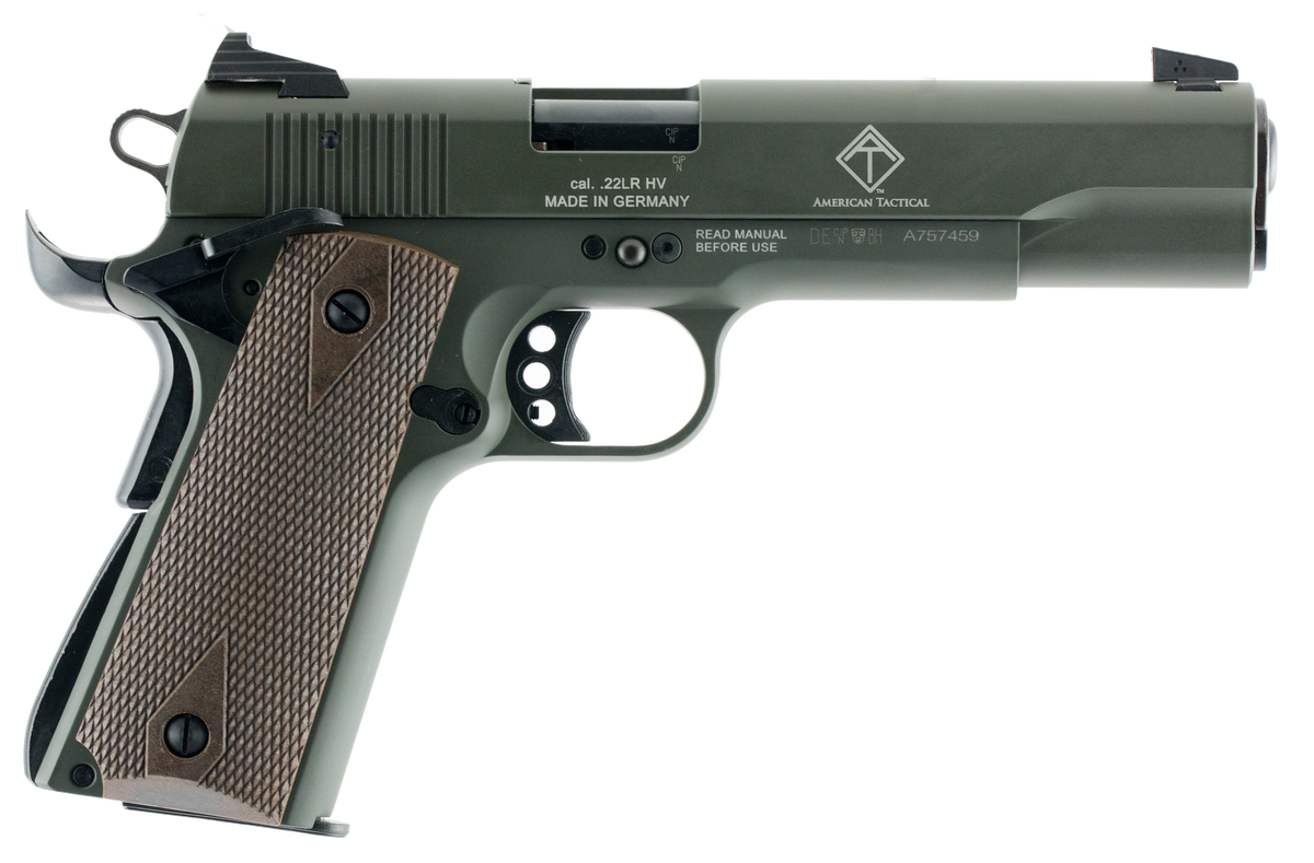 GSG 1911 22 LR 5" 10+1 SAO Pistol - OD Green Slide / Walnut Grip