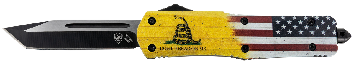 Templar Knife LDTOM231 Gen II Don't Tread On Me Large 3.50" OTF Tanto Plain 440C Black Oxide Stonewashed Yellow Aluminum Handle