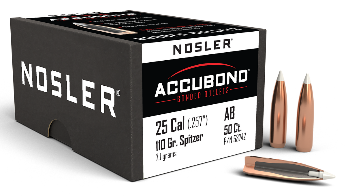 Nosler AccuBond 25 Cal .257 110gr Spitzer Point Boat Tail Reloading Bullets - 50/Box
