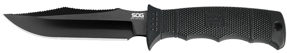 S.O.G Seal Pup Elite 4.85" Fixed Clip Point Plain Black TiCN AUS-8A GRN Handle