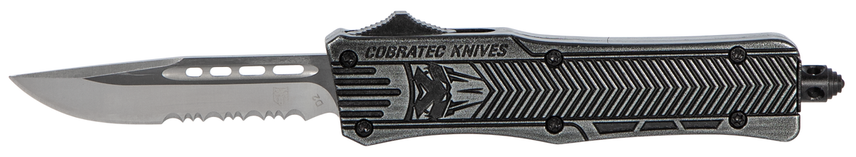 CobraTec Knives CTK-1 Small 2.75" OTF Drop Point Part Serrated D2 Steel Blade Black Stonewashed Aluminum Handle