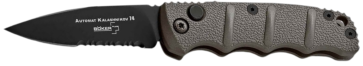 Boker Plus Kalashnikov 2.52" D2 Drop Point Plain/Serrated Push Button Gray Aluminum Handle