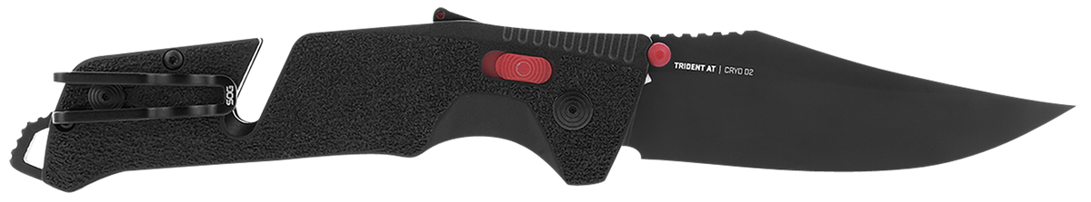 S.O.G Trident AT 3.70" Folding Clip Point Plain Edge Black TiNi Cryo D2 Steel Black/Red GRN Handle