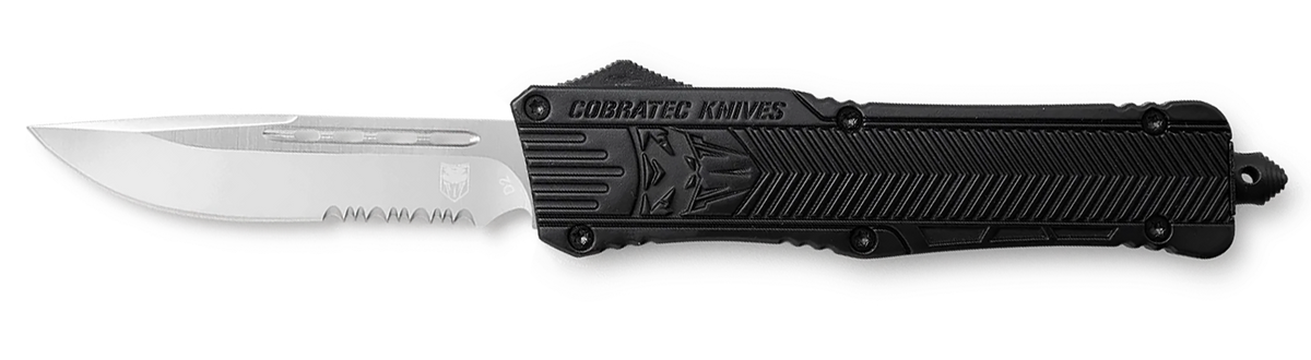 CobraTec CTK-1 Large 3.75" OTF Drop Point Part Serrated D2 Steel Black Aluminum Handle