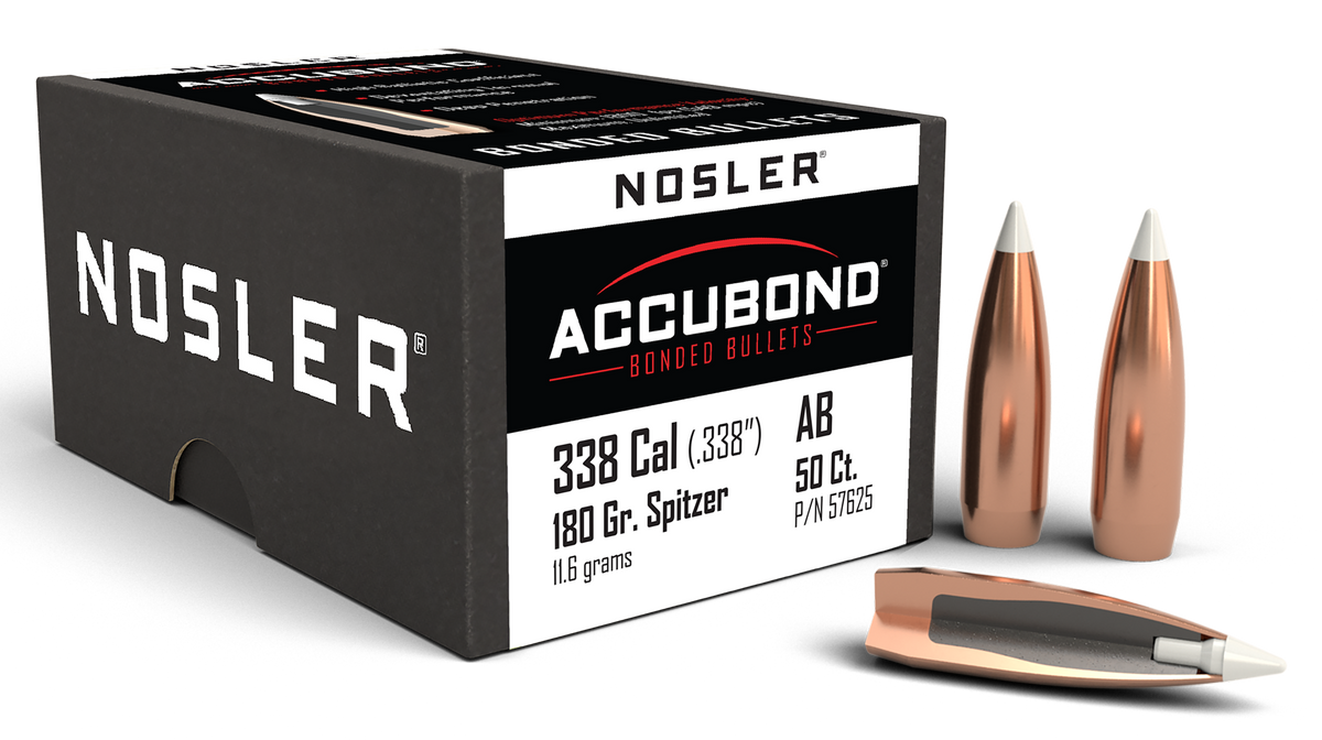 Nosler AccuBond 338 Cal 180gr Spitzer Point Boat Tail Reloading Bullets - 50/Box