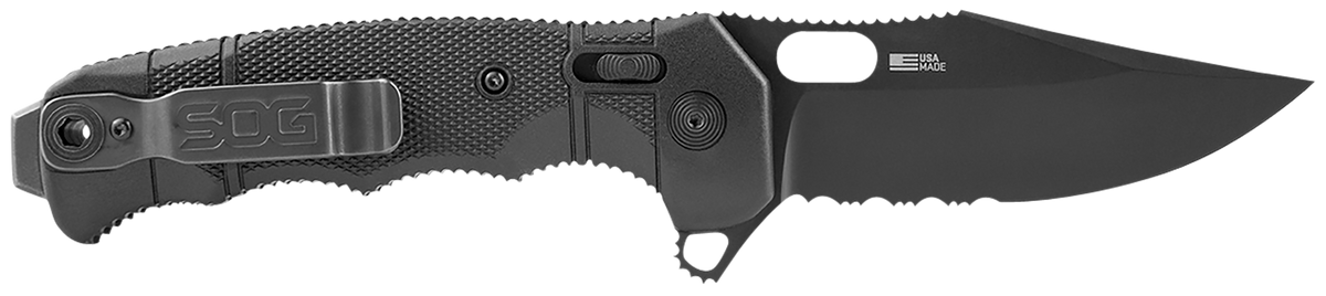 S.O.G SEAL XR 3.90" Folding Clip Point Part Serrated Black Cerakote S35VN Black GRN Handle