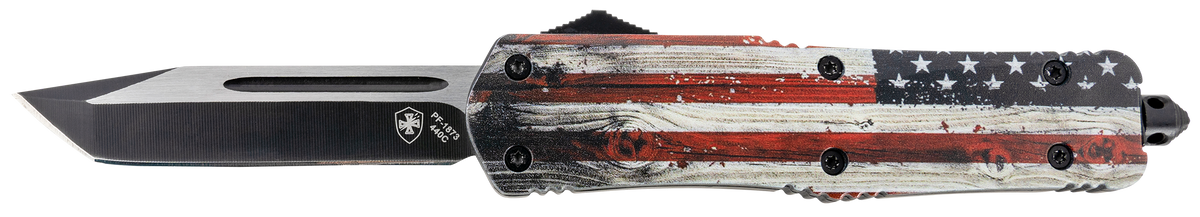 Templar Knife LWUS231 Gen II Wood US Flag Large 3.50" OTF Tanto Plain 440C Black Oxide Stonewashed 5.25" US Flag Aluminum Handle