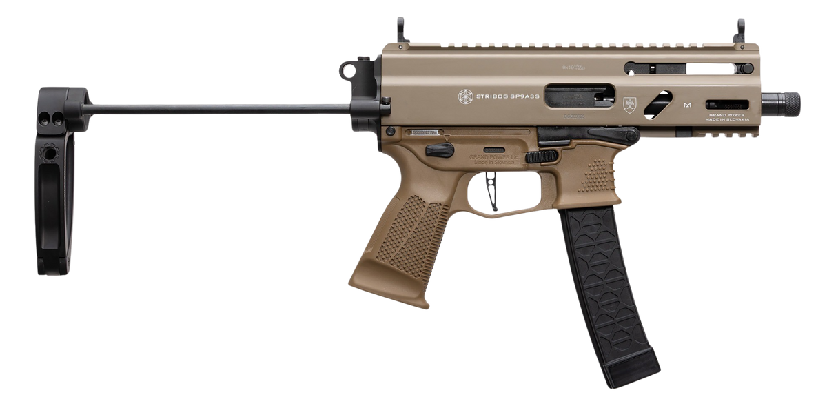 Grand Power Stribog SP9A3S 9mm Luger 5.5" 30+1 Semi-Auto Pistol w/ Tailhook Brace - Flat Dark Earth