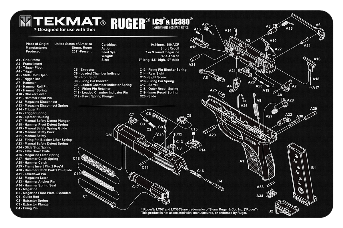 TekMat Ruger LC9 Cleaning Mat 11x17 Black/White Rubber