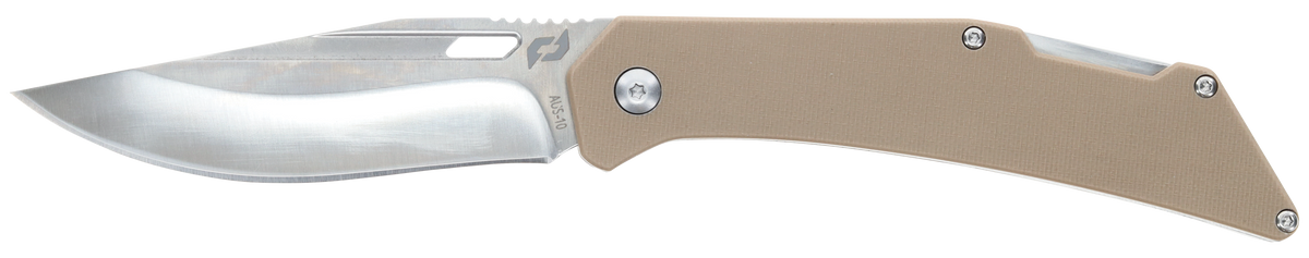 Schrade Slingshot 4" Lockback Folding Recurve Clip Point Satin AUS-10 Blade Tan G10 Handle