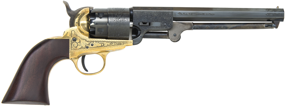 Traditions 1851 Navy Break-Open 44 Cal 7.50" 6-Shot Percussion Revolver - Brass Engraved Frame, Blued Cylinder, Walnut Grip