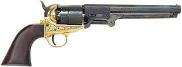 Traditions 1851 Navy Break-Open 44 Cal 7.50" 6-Shot Percussion Revolver - Brass Engraved Frame, Blued Cylinder, Walnut Grip
