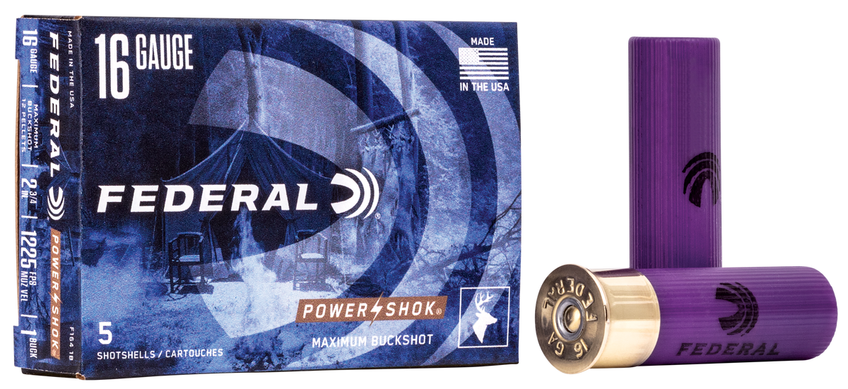 Federal Power-Shok Magnum 16 Gauge 2.75" 12 Pellets 1 Buck 1 3/16 oz Shotshells - Box or Case