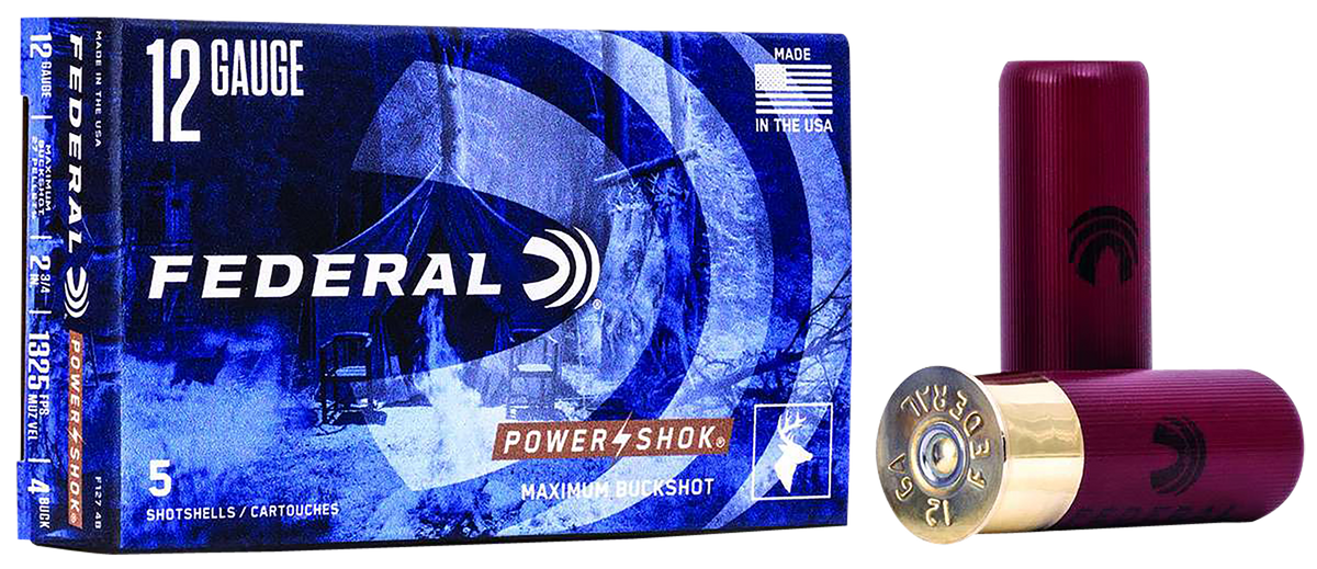 Federal Power-Shok Magnum 12 Gauge 2.75" 27 Pellets 1 1/4 oz 4 Buck Shot 5 Rounds - Box or Case