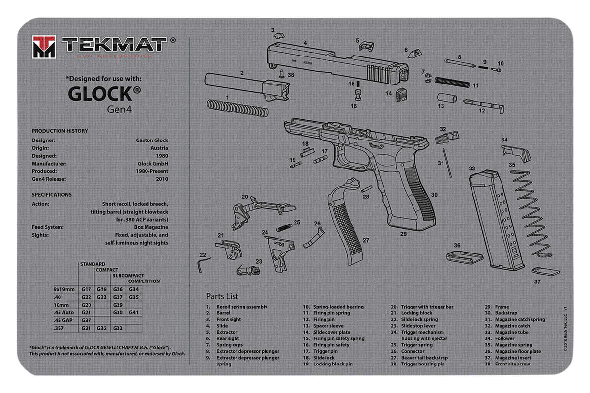 TekMat Original Cleaning Mat Glock Gen 4 11"x17" Gray Rubber with Parts Diagram