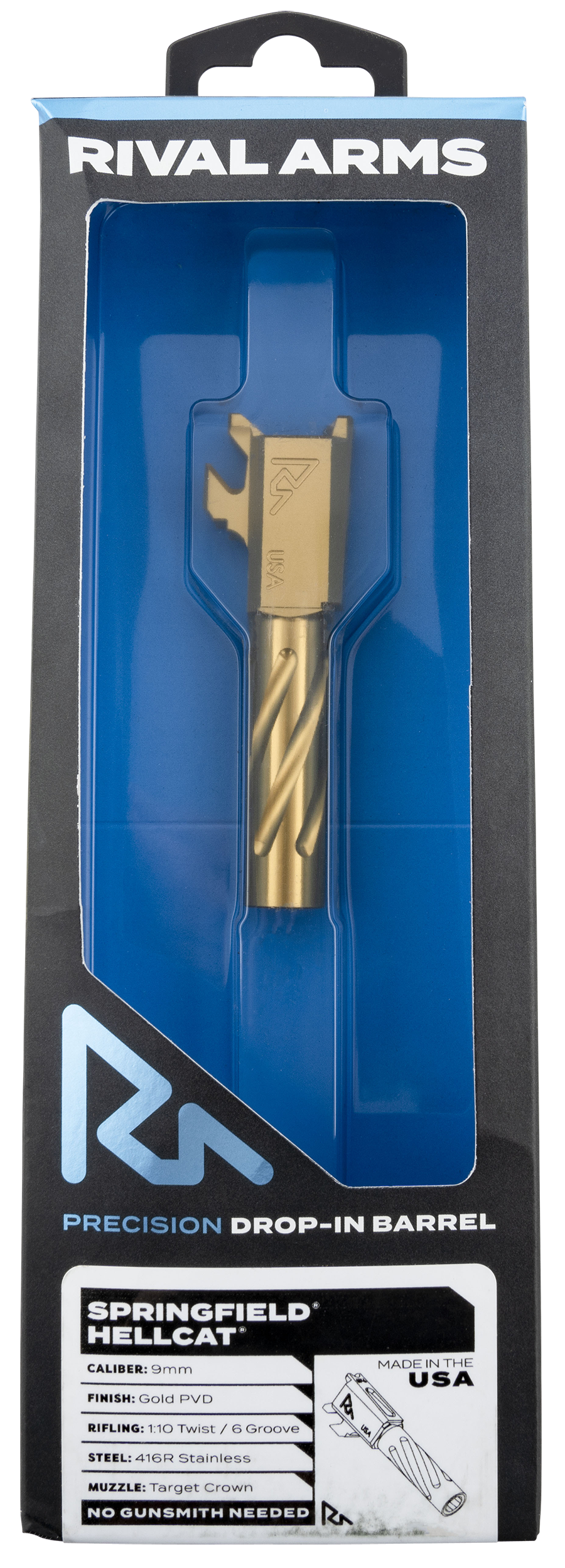 Rival Arms Precision V1 Match Grade 9mm Luger Spiral Fluted Threaded Drop-In Barrel - Gold PVD - Fits Springfield Hellcat