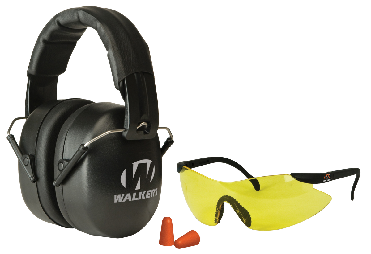 Walkers Game Ear EXT Range 31 dB NRR Passive Over the Head Shooting Muff Combo Kit - Foam Plugs & Sport Glasses