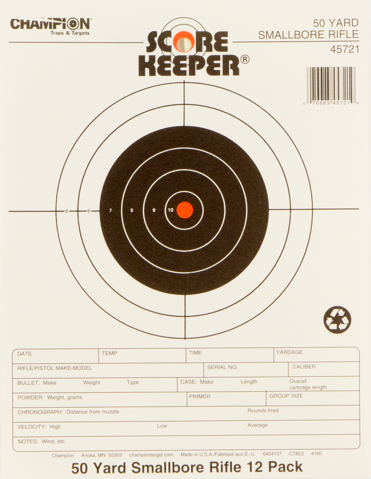 Champion Targets 45721 Score Keeper 50 yd Small Bore Rifle 8.5x11 Bullseye Paper Target 12 Pack