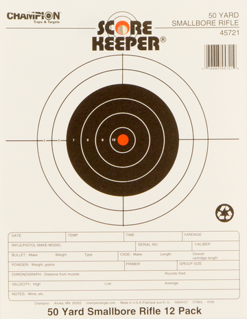 Champion Targets 45721 Score Keeper 50 yd Small Bore Rifle 8.5x11 Bullseye Paper Target 12 Pack