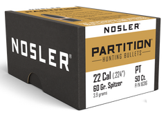Nosler Partition 22 Cal .224 60gr Spitzer Reloading Bullets - 50/Box