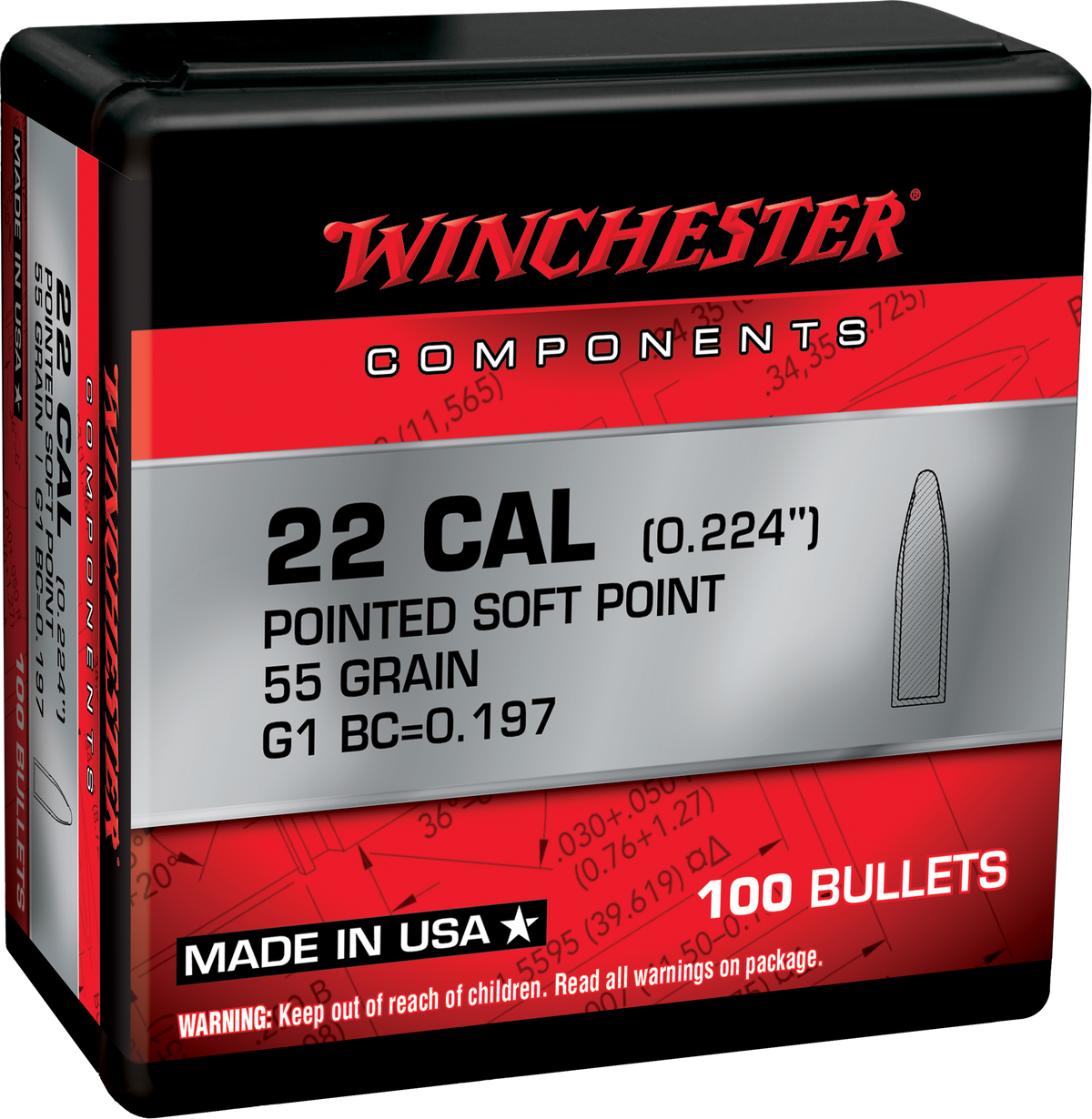 Winchester Ammo WB223SP55X Centerfire Rifle .223 Rem 55gr Pointed Soft Point Reloading Bullets - 100/Box