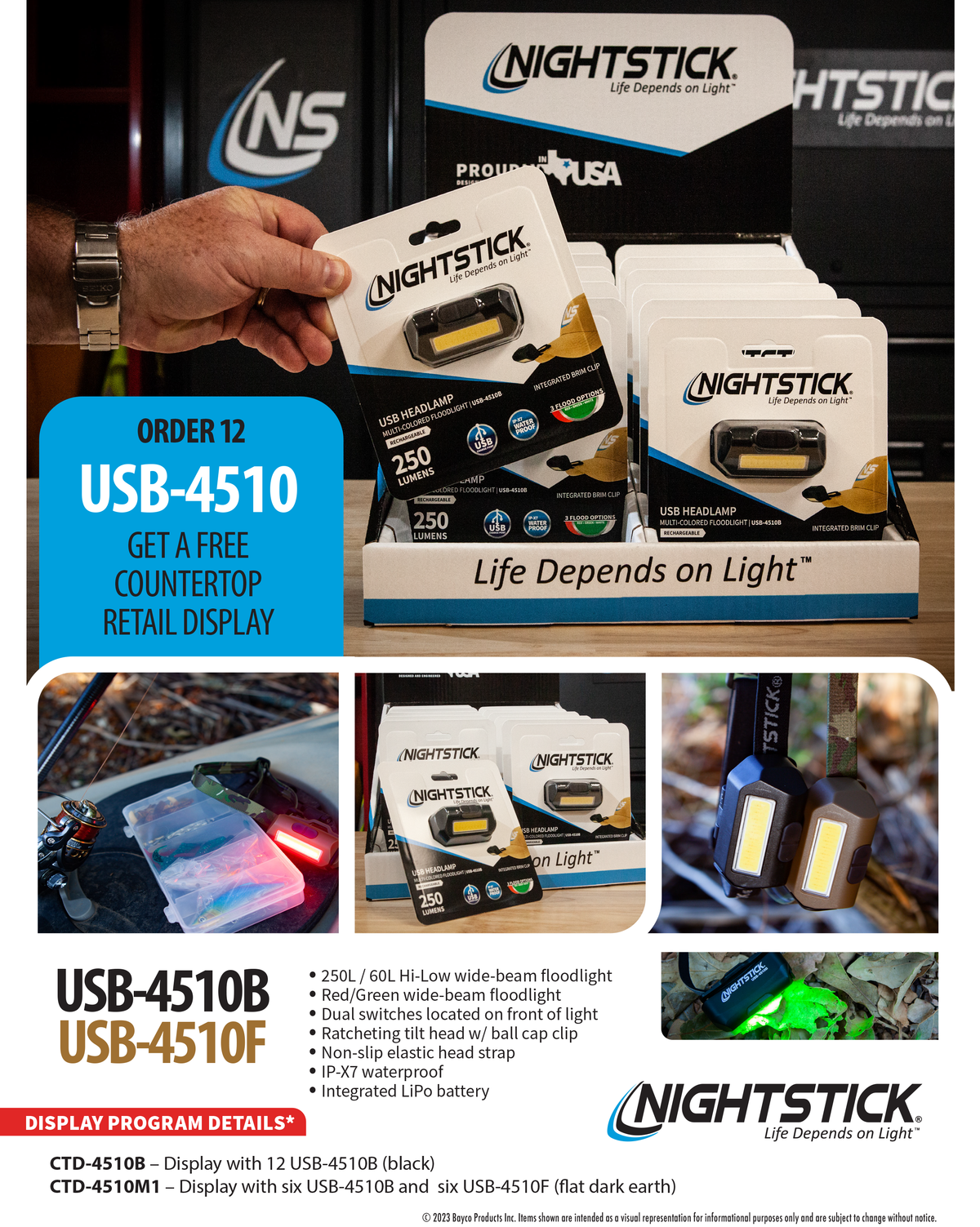 Bayco Nightstick CTD-4510M1 Counter Display - 6 USB-4510B & 6 USB-4510F Multi-Flood Headlamps