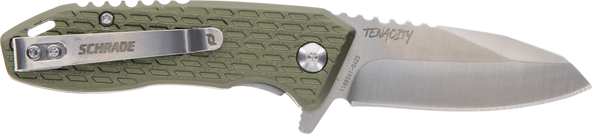 Schrade Tenacity Folding 2.5" Satin Modified Drop Point AUS-10A Part Serrated Green Aluminum
