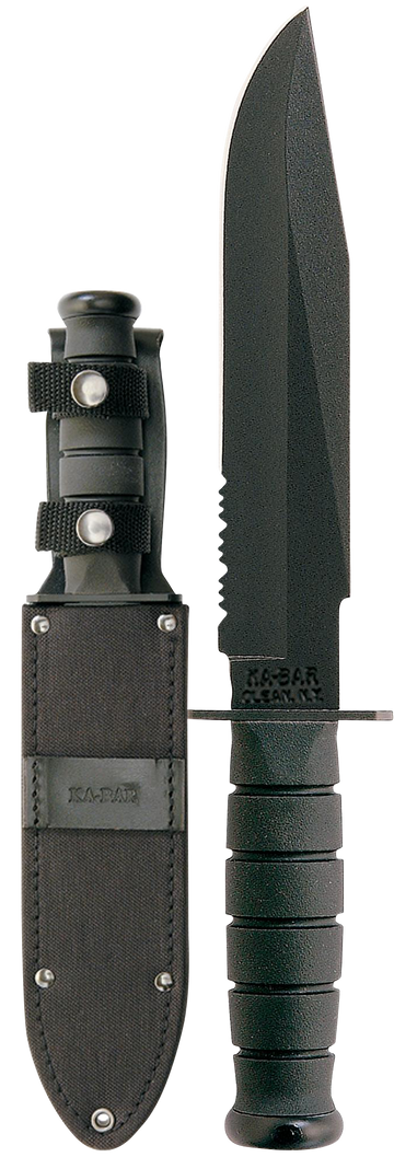 Ka-Bar 1271 Fighter 8" Clip Point Part Serrated 1095 Cro-Van Black Kraton G Handle Fixed - Leather/Nylon Sheath