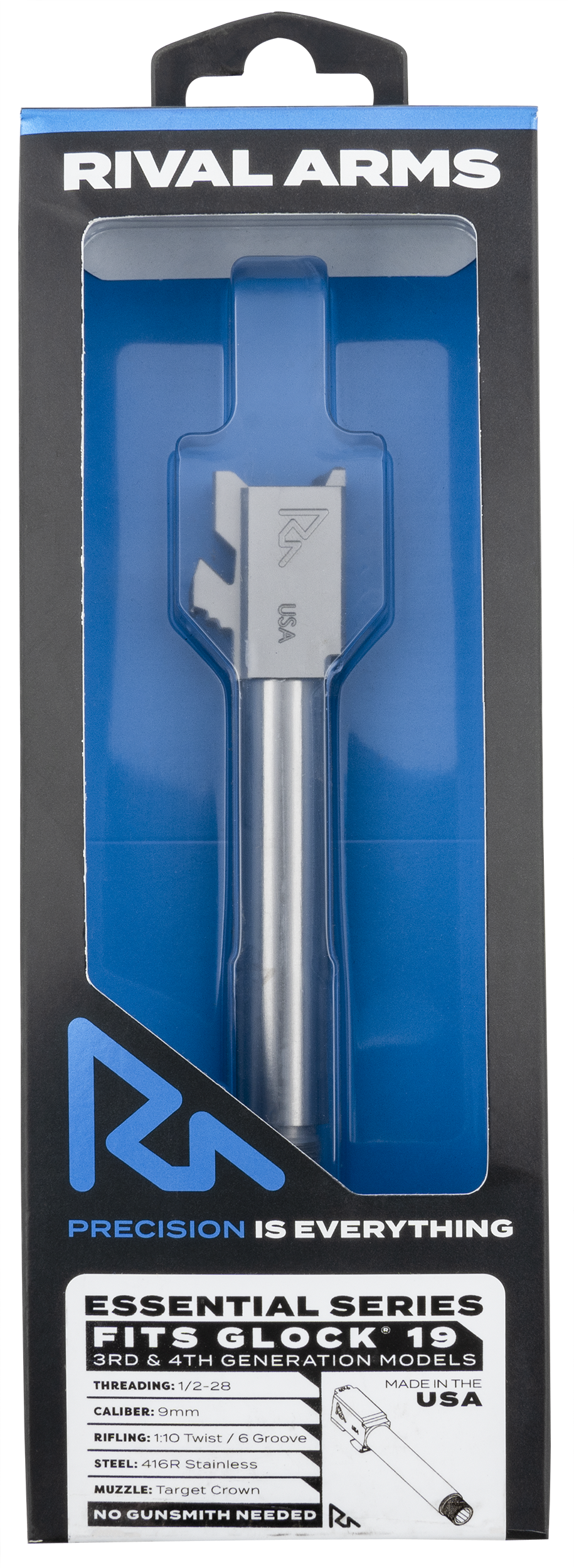 Rival Arms Essential V2 Match Grade 9mm Luger 4.49" Threaded Stainless Steel Drop-In Barrel - Fits Glock 19 Gen3-4