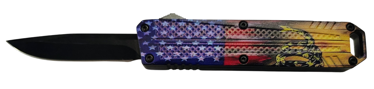 Xcaliber Knife Company Don't Tread on Me Small 2.75" OTF Drop Point Plain 440C SS - 4.15" US Flag Aluminum Handle