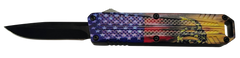 Xcaliber Knife Company Don't Tread on Me Small 2.75" OTF Drop Point Plain 440C SS - 4.15" US Flag Aluminum Handle