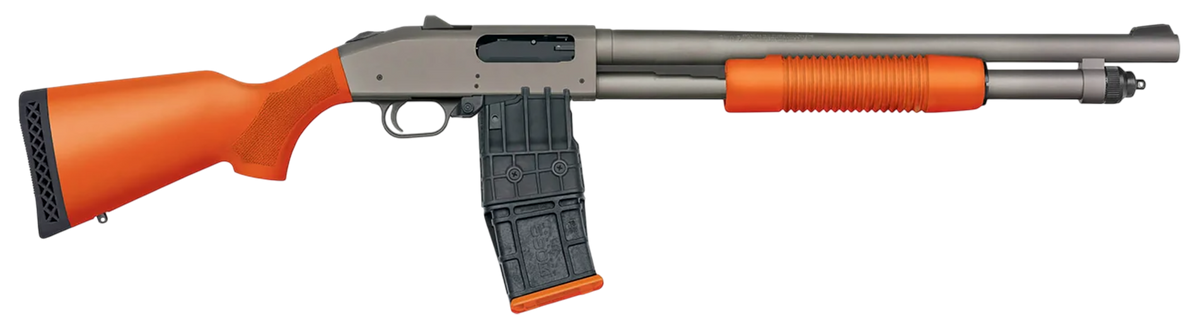 Mossberg 590M 12 Gauge 10+1 18.5" Mag-Fed Pump Shotgun - Magpul SGA Orange Stock - Tungsten Gray Cerakote