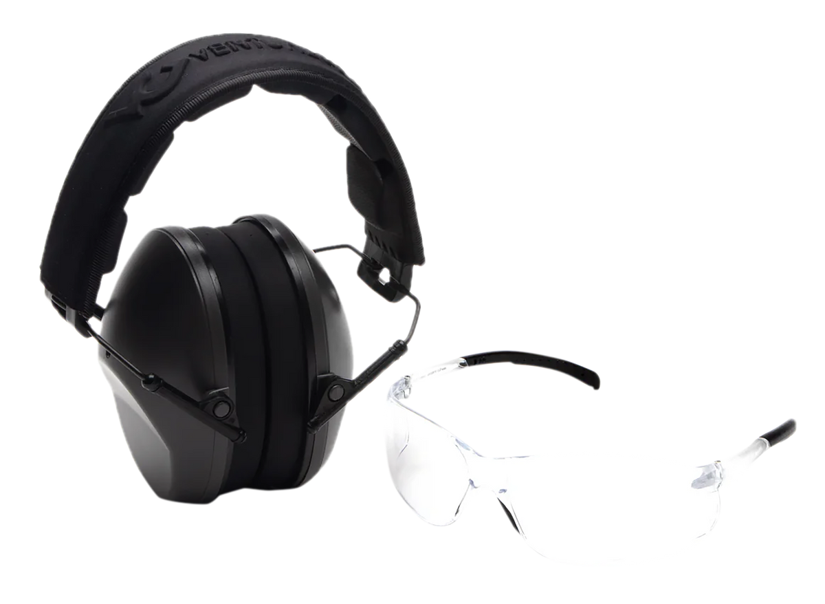 Pyramex VGCOMBO110 Low-Profile Combo Kit Clear Lens Safety Glasses & 24 dB NRR Gray Earmuffs