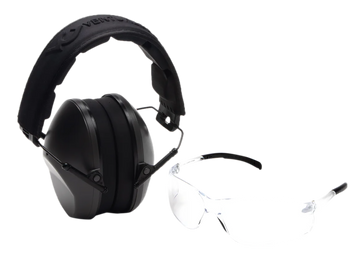 Pyramex VGCOMBO110 Low-Profile Combo Kit Clear Lens Safety Glasses & 24 dB NRR Gray Earmuffs