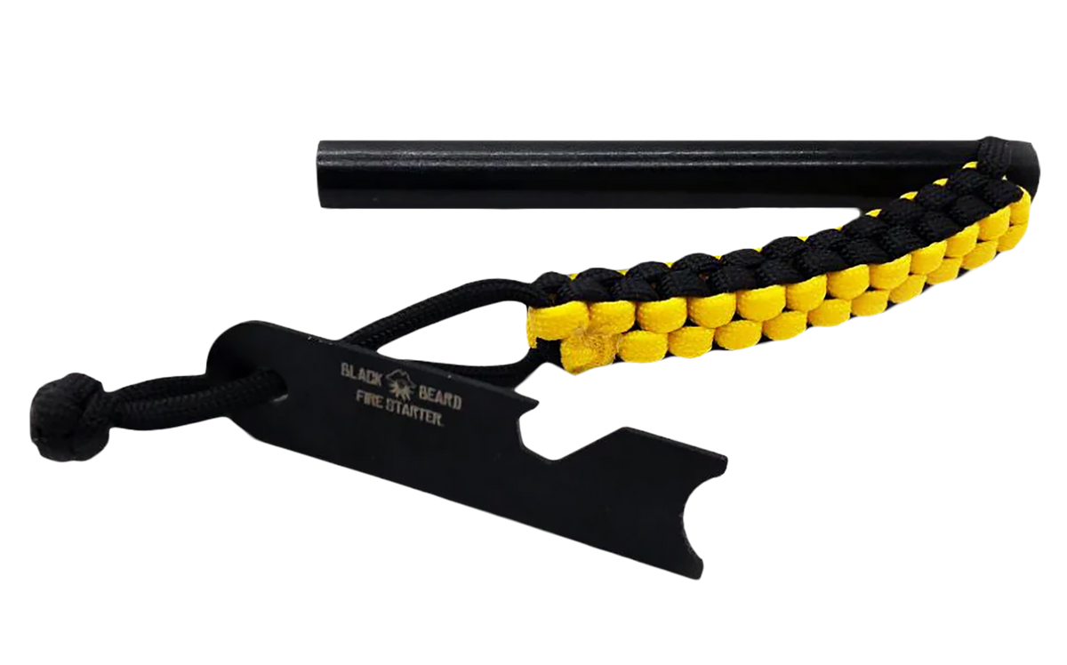 Black Beard Fire Starters Ferro Rod 7 in Black/Yellow Paracord Fire Starter