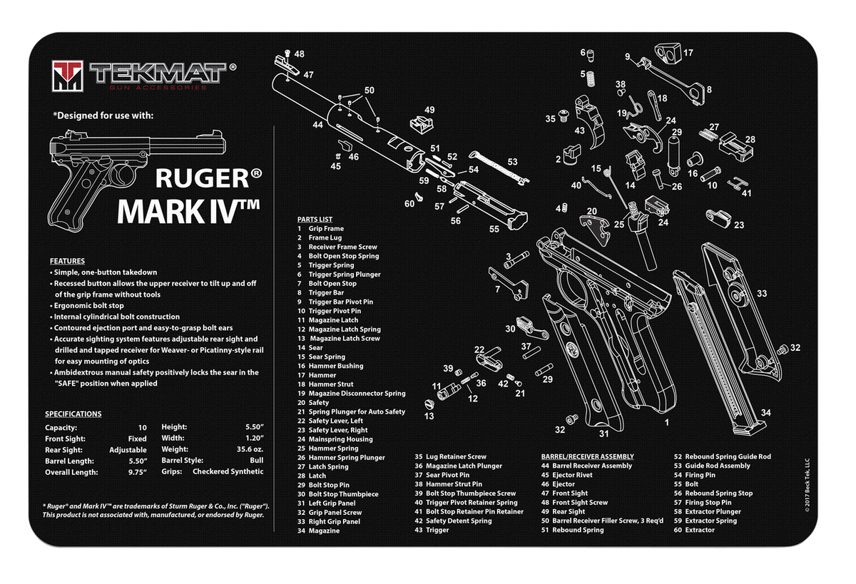 TekMat Ruger Mark IV Cleaning Mat 11\"x17\" Rubber Black/White