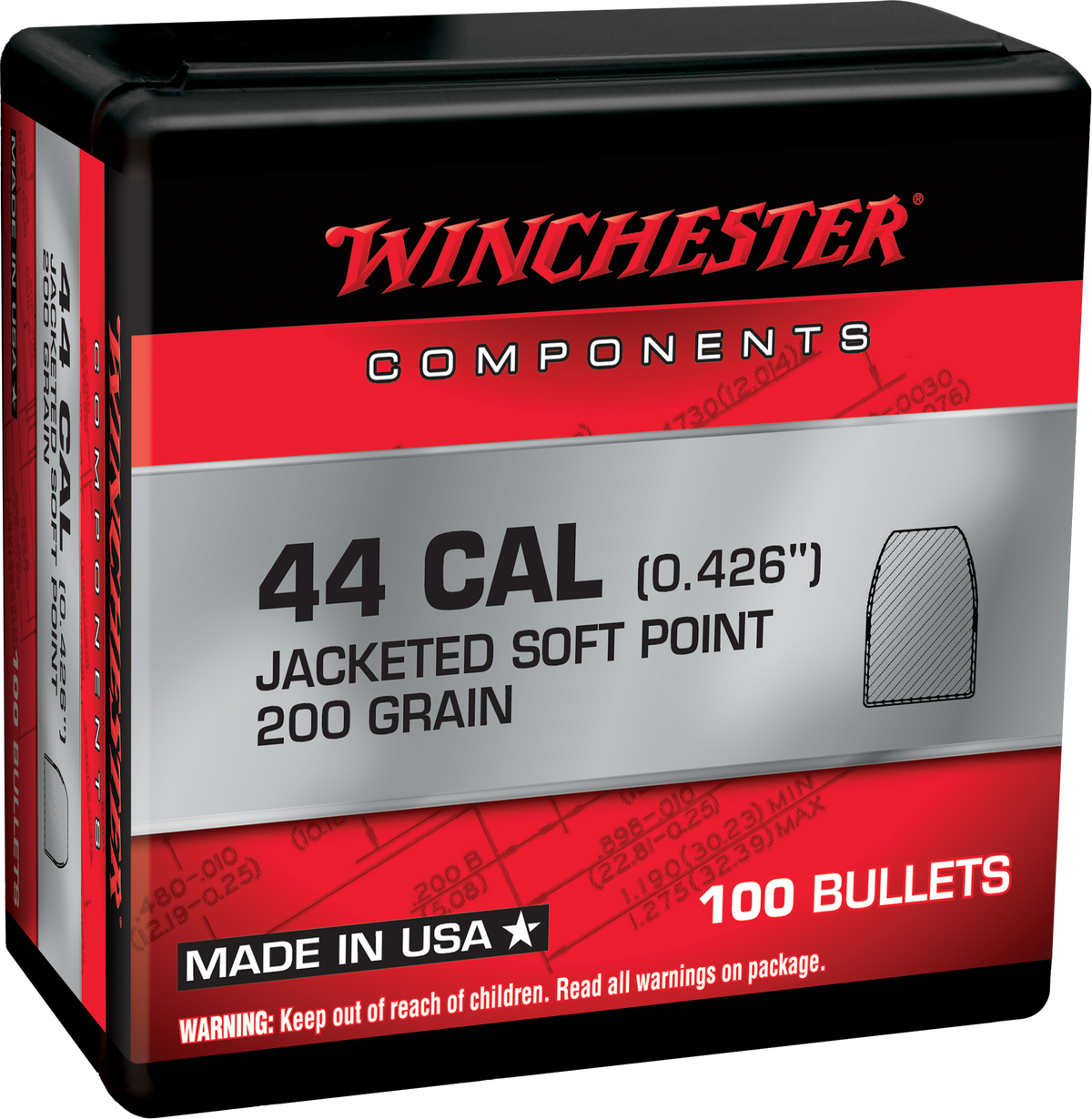 Winchester Ammo Centerfire Handgun 44 Remington Magnum 200 gr Soft Point Reloading Bullets - 100/Box