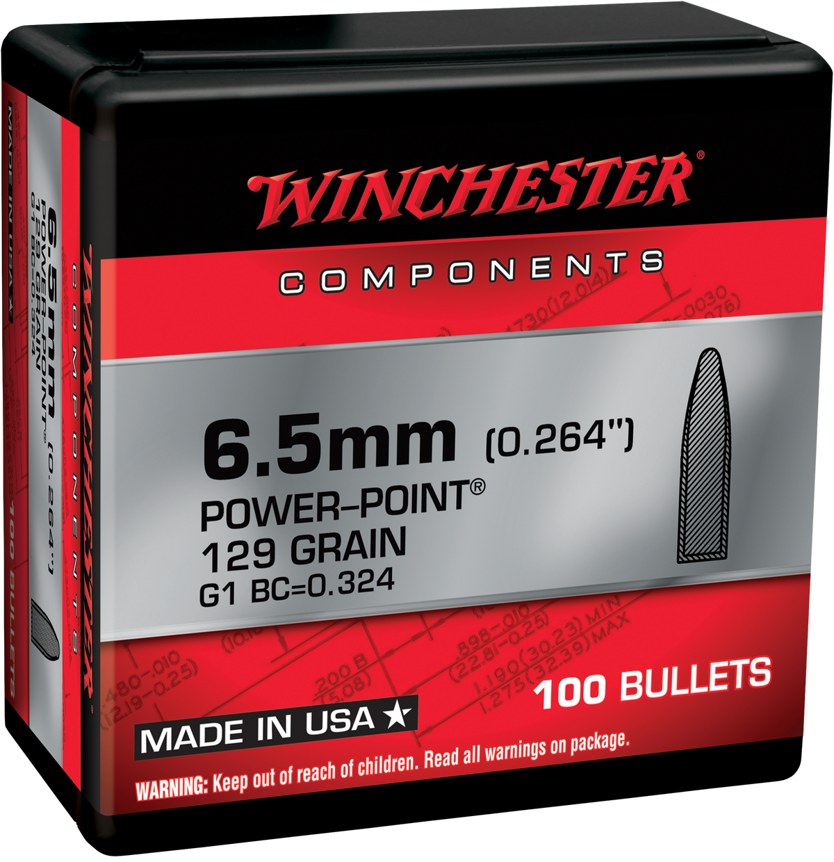 Winchester Power-Point 6.5 Creedmoor .264 129gr Reloading Bullets - 100/Box