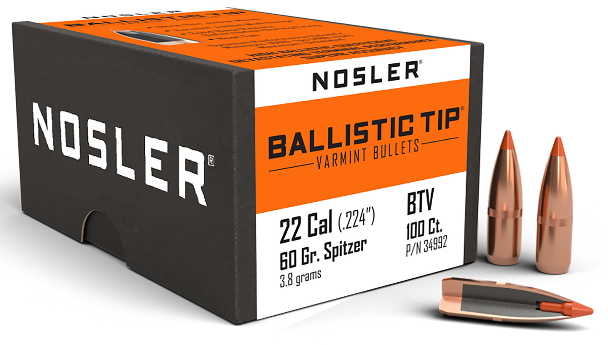 Nosler Ballistic Tip Varmint 22 Cal .224 60gr Spitzer Reloading Bullets - 100/Box