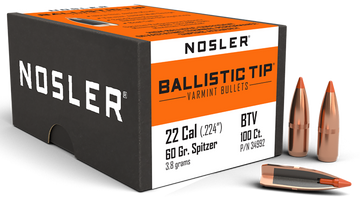 Nosler Ballistic Tip Varmint 22 Cal .224 60gr Spitzer Reloading Bullets - 100/Box