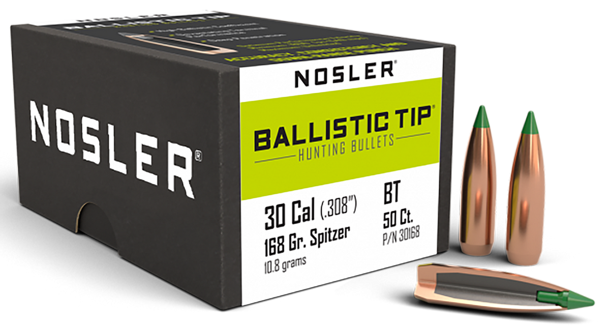 Nosler Ballistic Tip Hunting 30 Cal .308 168gr Spitzer Reloading Bullets - 50/Box