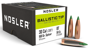 Nosler Ballistic Tip Hunting 30 Cal .308 168gr Spitzer Reloading Bullets - 50/Box