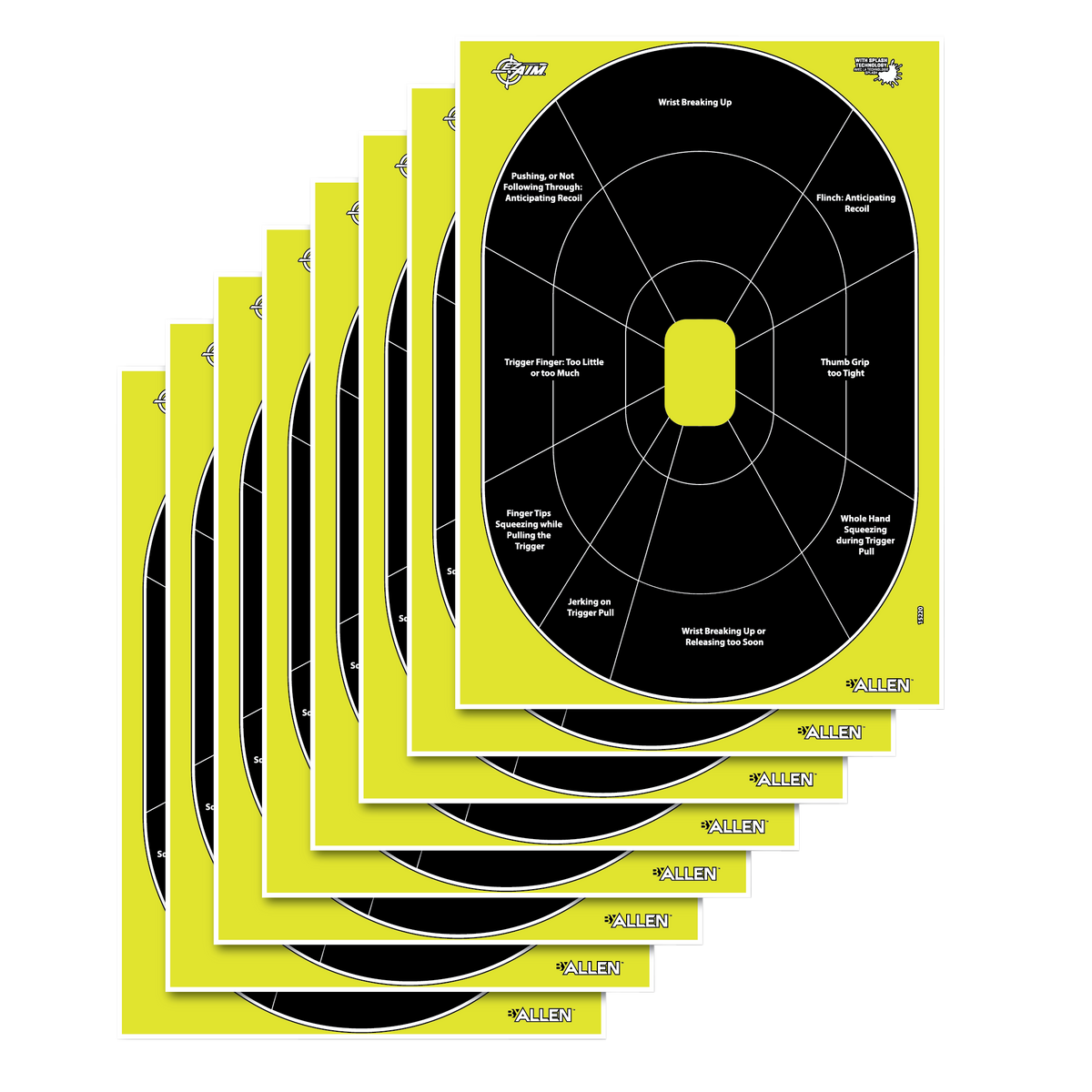 EZ-Aim 15220 Splash Reactive Oval Paper Hanging Handgun Target 12" x 18" Black/Yellow - 8 Pack